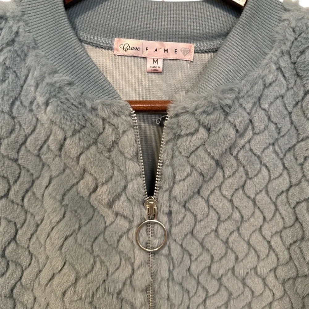 Crave Fame Light Blue Fuzzy‎ Textured Bomber Jacket Cropped Sz M Soft Cozy